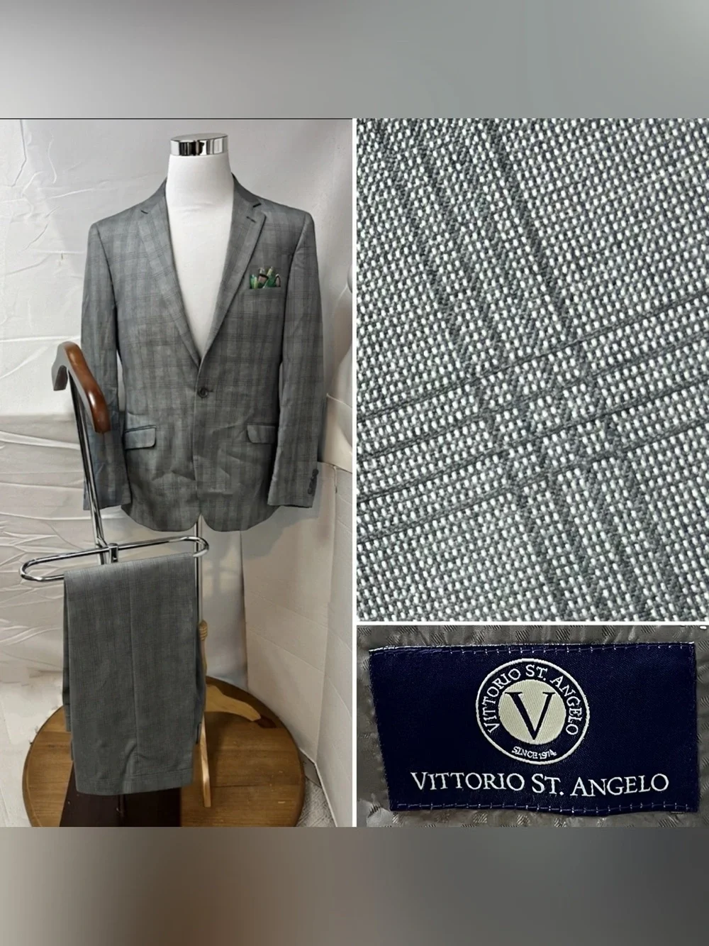 Vittorio St. Angelo Men's 42R Blazer 36x32 Pants Gray Plaid Suit